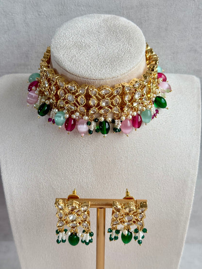 Ayura Designs Navya Choker Set with Earrings – Gold Finish with Moissanite Stones, Lattice Design, Emerald Beads & Pearl Detailing
