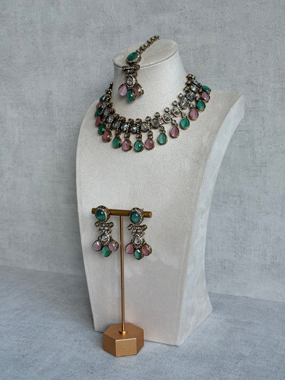 Ayura Designs Ava Necklace Set with Earrings & Tikka – Mint Green & Blush Pink Stone Necklace Set in Antique Gold Finish