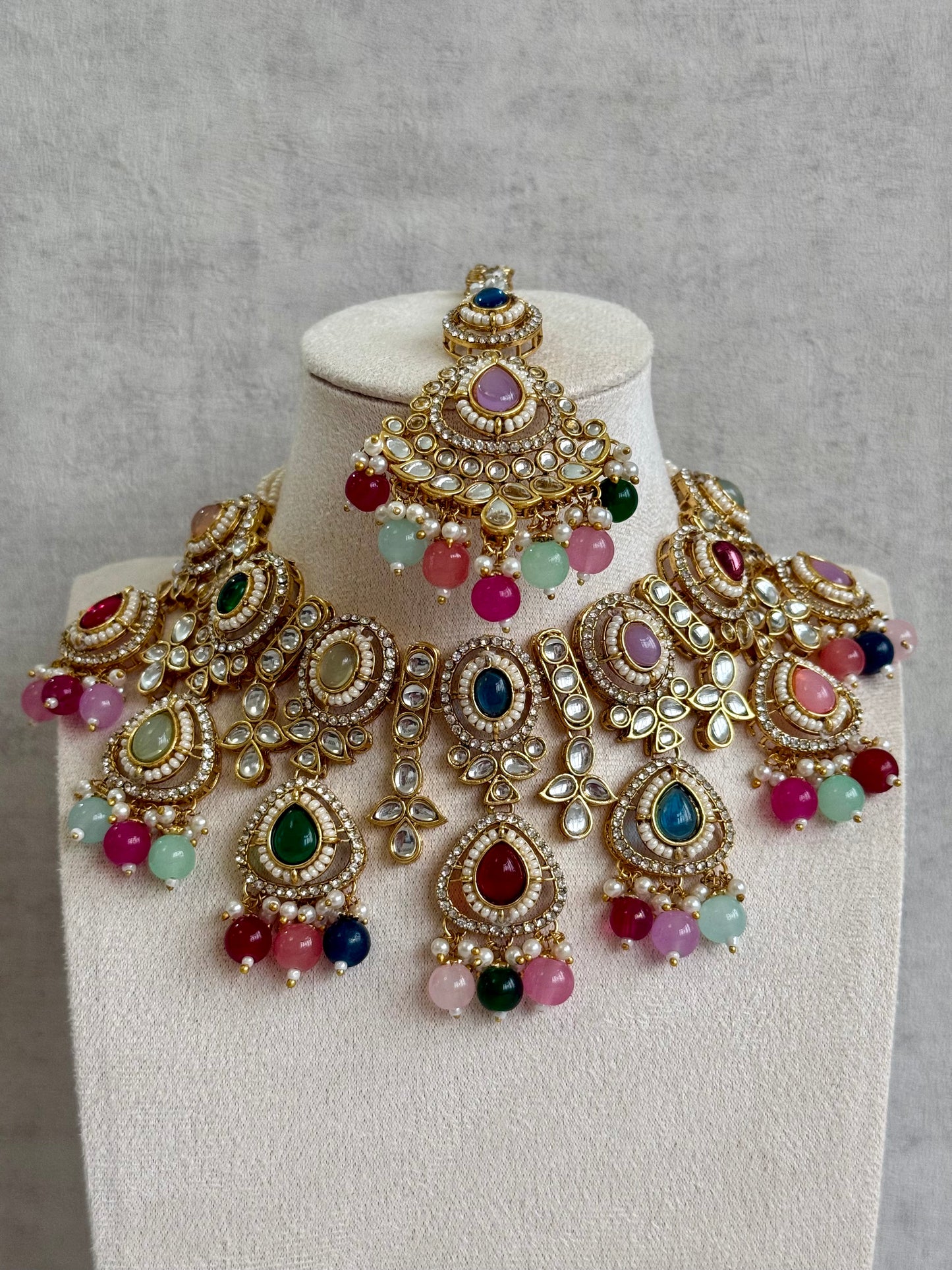Ayura Designs Janvi Set with Necklace, Earrings & Tikka – Kundan Detailing, Multicolour Beads & Pearl Drops
