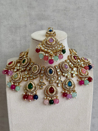 Ayura Designs Janvi Set with Necklace, Earrings & Tikka – Kundan Detailing, Multicolour Beads & Pearl Drops