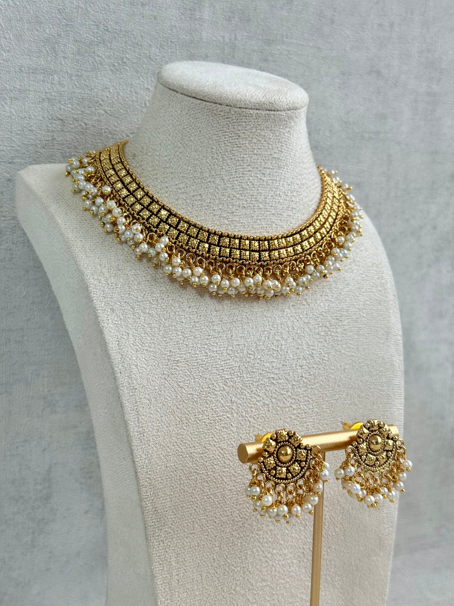 Ayura Designs Ranya Set – Antique Gold Necklace with Stud Earrings & Pearl Detailing