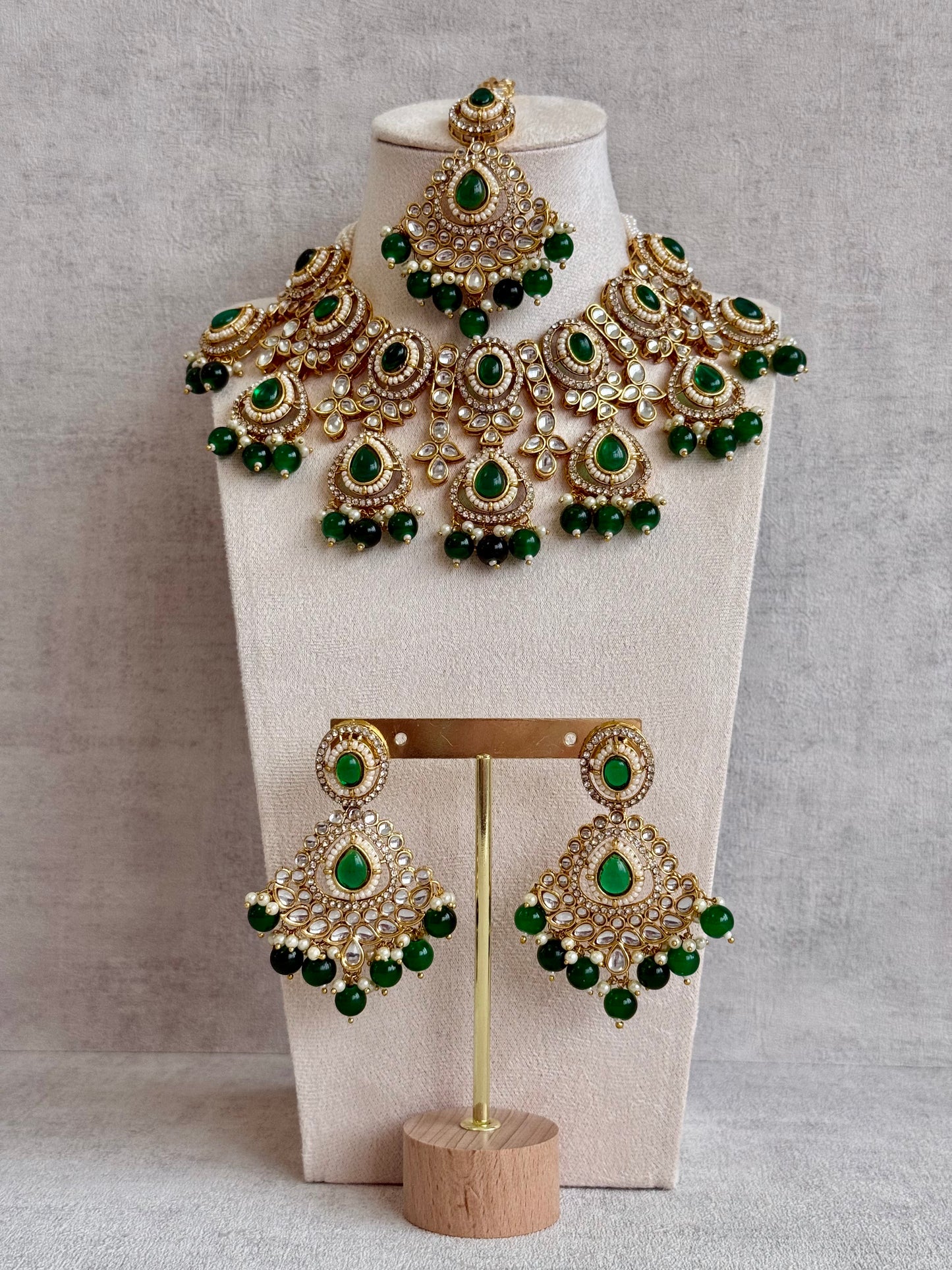 Ayura Designs Janvi Set with Necklace, Earrings & Tikka – Kundan Detailing, Emerald Green Beads & Pearls Drops