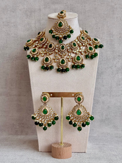 Ayura Designs Janvi Set with Necklace, Earrings & Tikka – Kundan Detailing, Emerald Green Beads & Pearls Drops