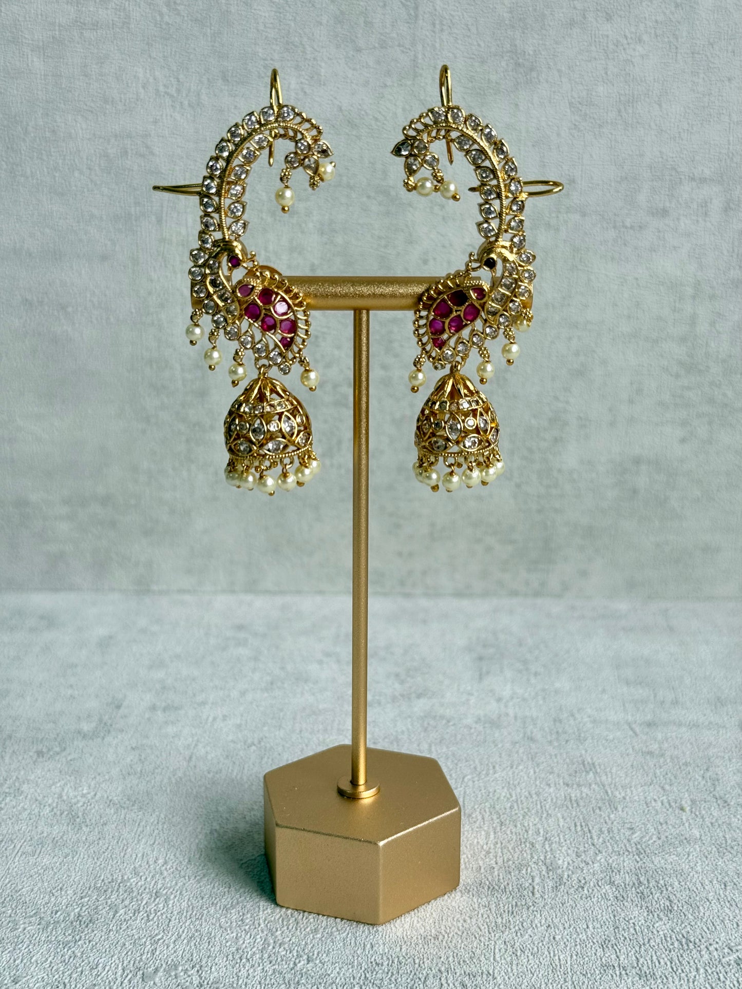 Ayura Designs Padma Earrings – Gold Half Ear Cuffs with Peacock Motif, Pink Stone Accents, Kundan Crystals & Pearl Jhumka Drops