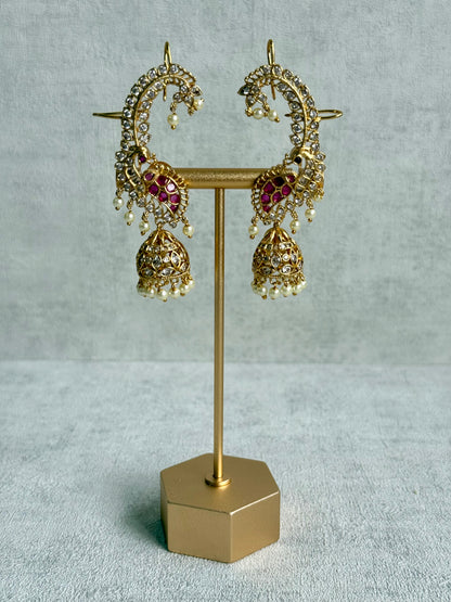 Ayura Designs Padma Earrings – Gold Half Ear Cuffs with Peacock Motif, Pink Stone Accents, Kundan Crystals & Pearl Jhumka Drops