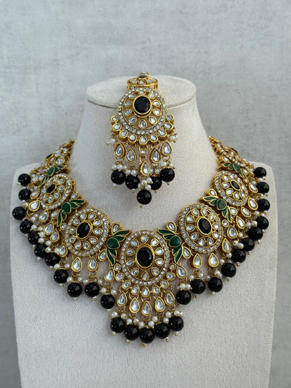 Ayura Designs Zara Set with Necklace, Earrings, Tikka & Passa – Antique Gold with Kundan Detailing & Black Beads