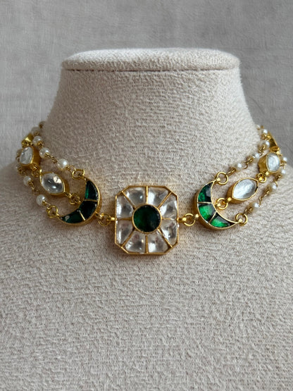 Ayura Designs Mahi Choker Set with Earrings – Meenakari Kundan Emerald Green & Ivory Detailing