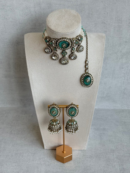 Ayura Designs Myra Choker Set with Jhumkis & Tikka – Mint Green Kundan & Pearl Detailing