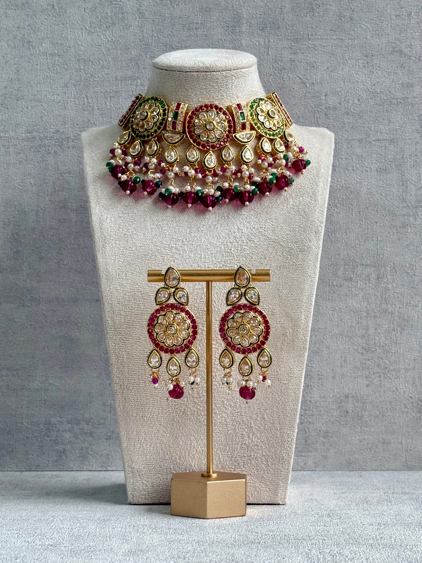 Ayura Designs Yasvi Set – Necklace & Earrings with Mirror-Cut Stones, Fuchsia Pink, Emerald Green & Pearl Detailing