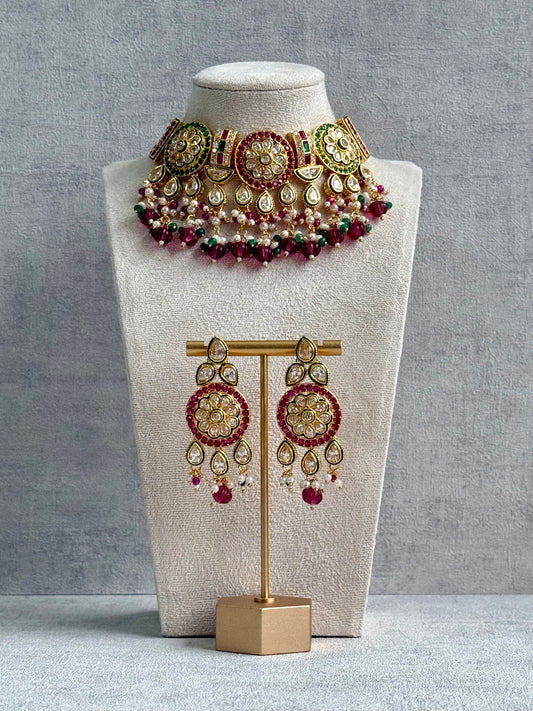 Ayura Designs Yasvi Set – Necklace & Earrings with Mirror-Cut Stones, Fuchsia Pink, Emerald Green & Pearl Detailing