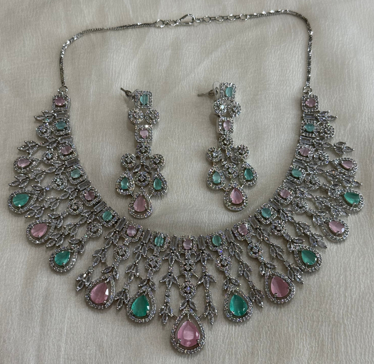 Ayura Designs Skye Necklace Set with Earrings – Blush Pink & Mint Green Stones with Crystal Detailing in Silver Finish