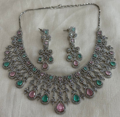 Ayura Designs Skye Necklace Set with Earrings – Blush Pink & Mint Green Stones with Crystal Detailing in Silver Finish