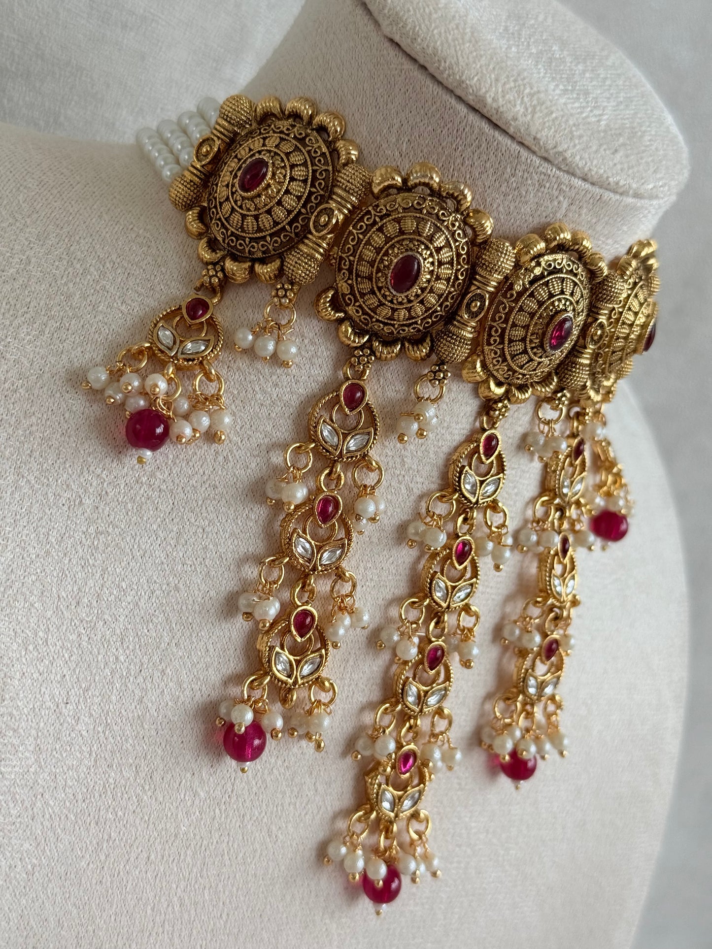 Ayura Designs Kabini Choker Set with Earrings – Gold Kundan Waterfall Choker with Ruby Pink Beads & Pearls