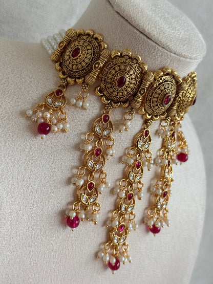 Ayura Designs Kabini Choker Set with Earrings – Gold Kundan Waterfall Choker with Ruby Pink Beads & Pearls