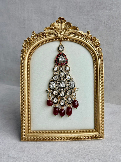 Ayura Designs Salma Jhoomar Passa – Ruby Red Beads with Kundan Stones & Antique Gold Finish