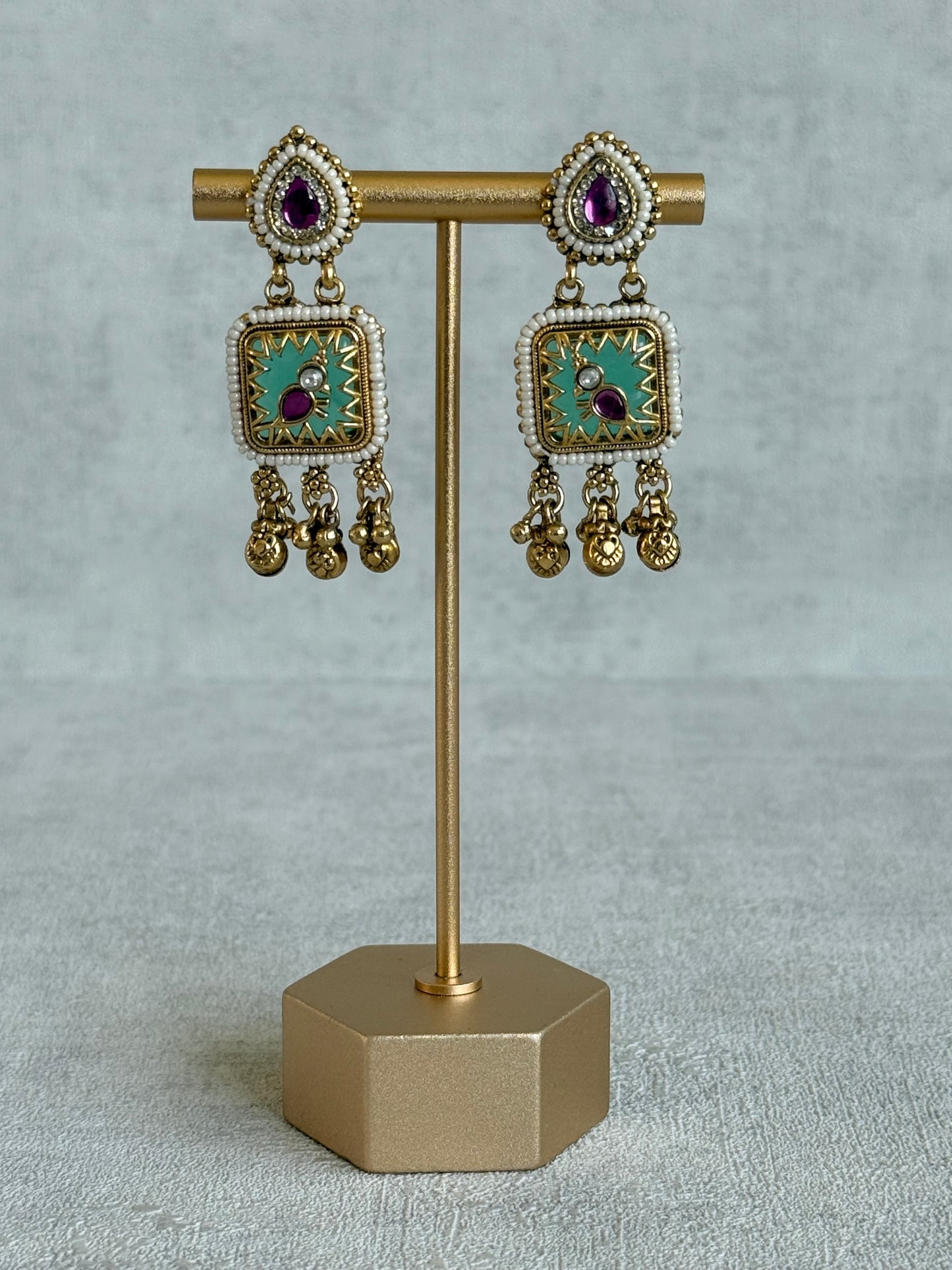 Ayura Designs Inira Drop Earrings – Mint Green Enamel Bird Earrings with Rani Pink Kundan & Ghungroo Drops
