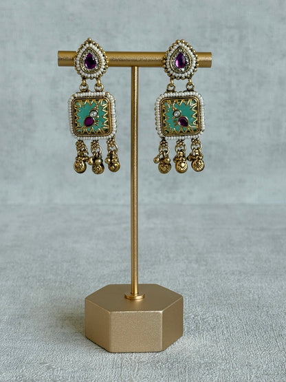 Ayura Designs Inira Drop Earrings – Mint Green Enamel Bird Earrings with Rani Pink Kundan & Ghungroo Drops