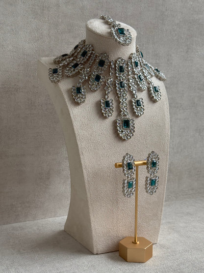 Ayura Designs Zinnia Set – Necklace, Earrings & Tikka with Teal Stones and Mirror-Cut Polki in Silver Finish