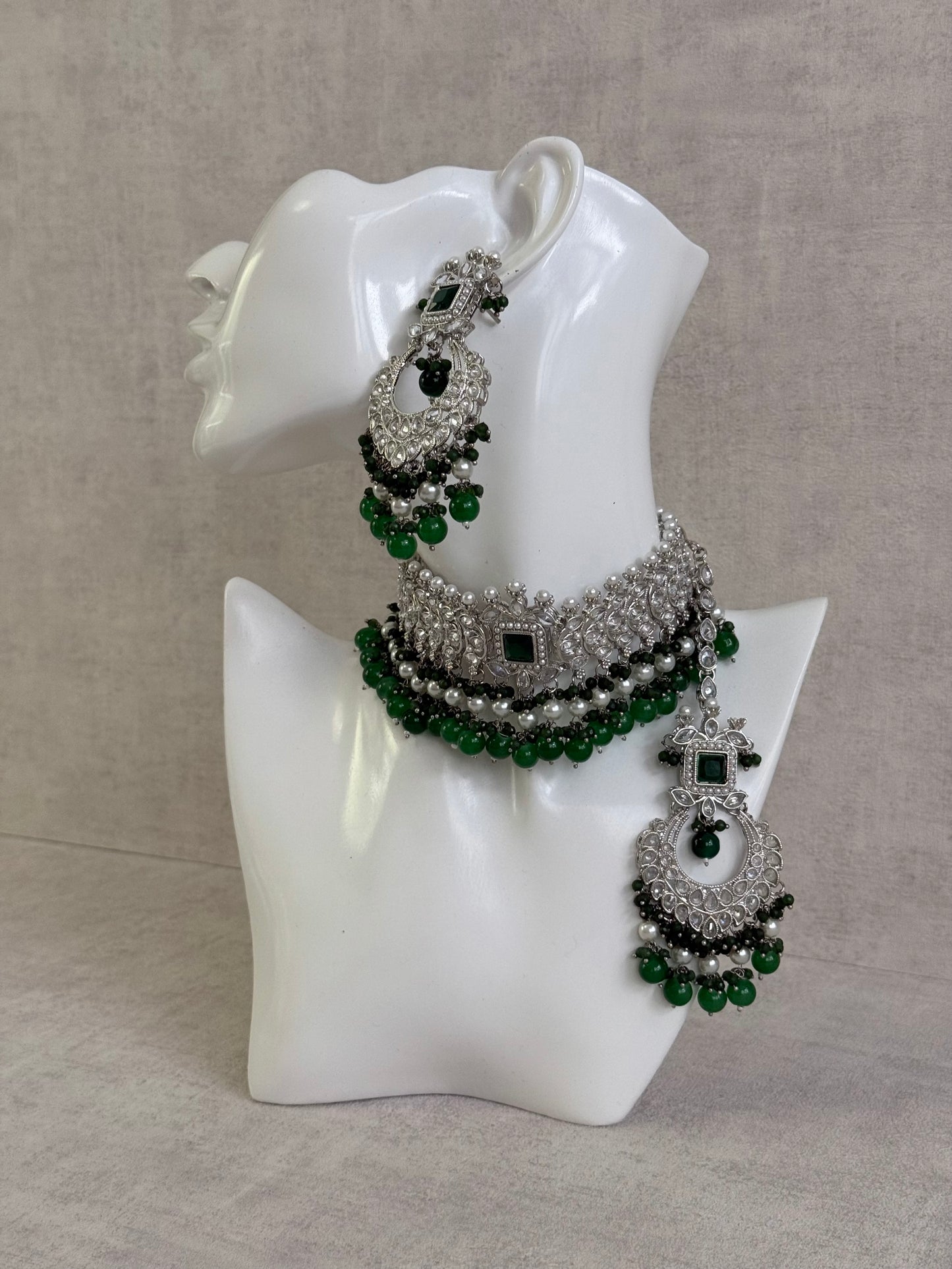 Ayura Designs Sarwat Choker Set – Emerald Green Stones, Ivory Pearl Drops & Antique Silver Finish