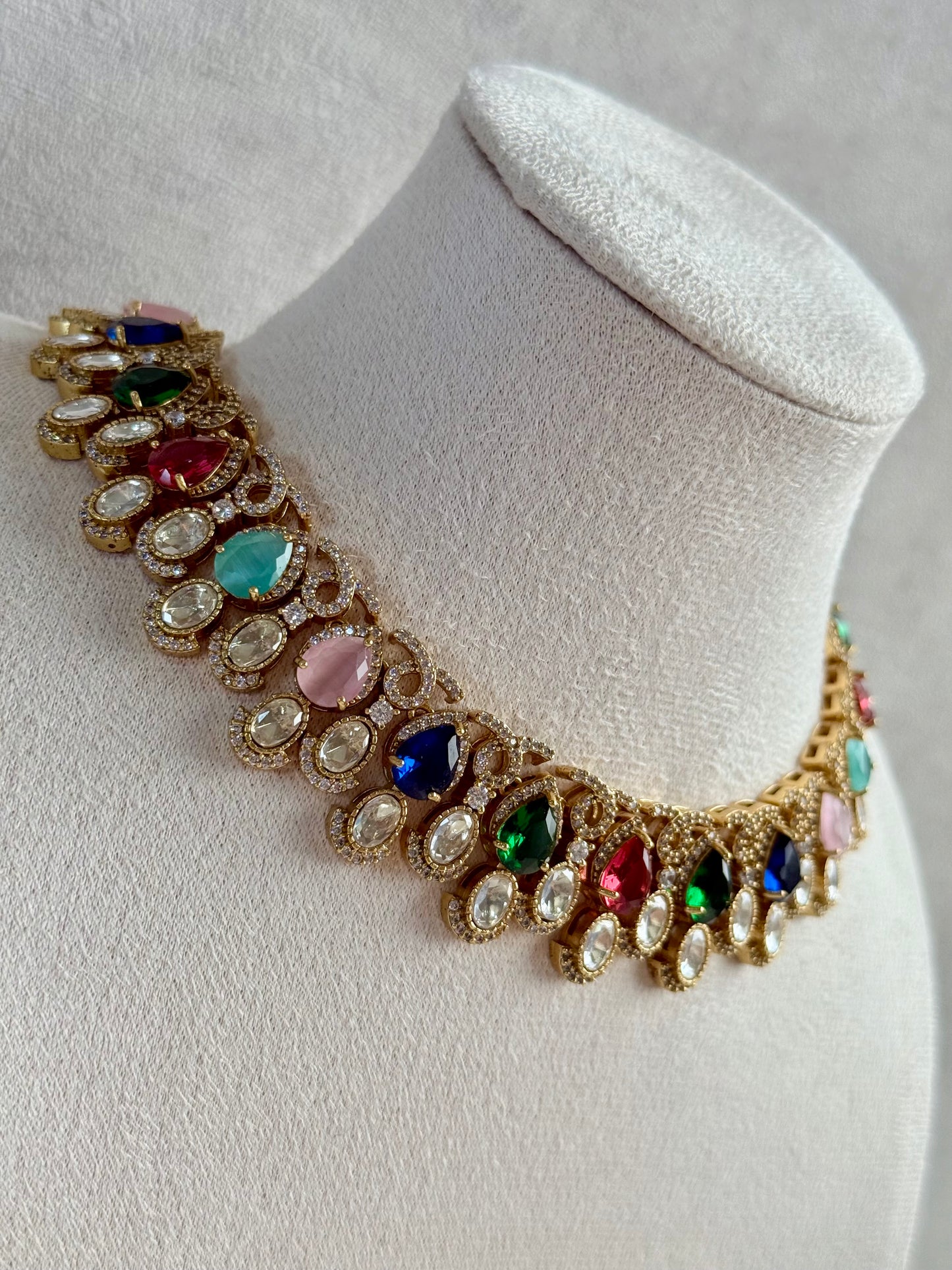 Ayura Designs Sylvie Necklace Set with Earrings – Gold Finish with Moissanite Crystals & Multicolour Stones