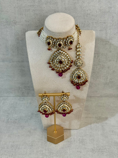 Ayura Designs Tehreem Set with Necklace, Earrings & Tikka – Mirror-Cut Stones, Magenta Beads & Antique Gold Finish