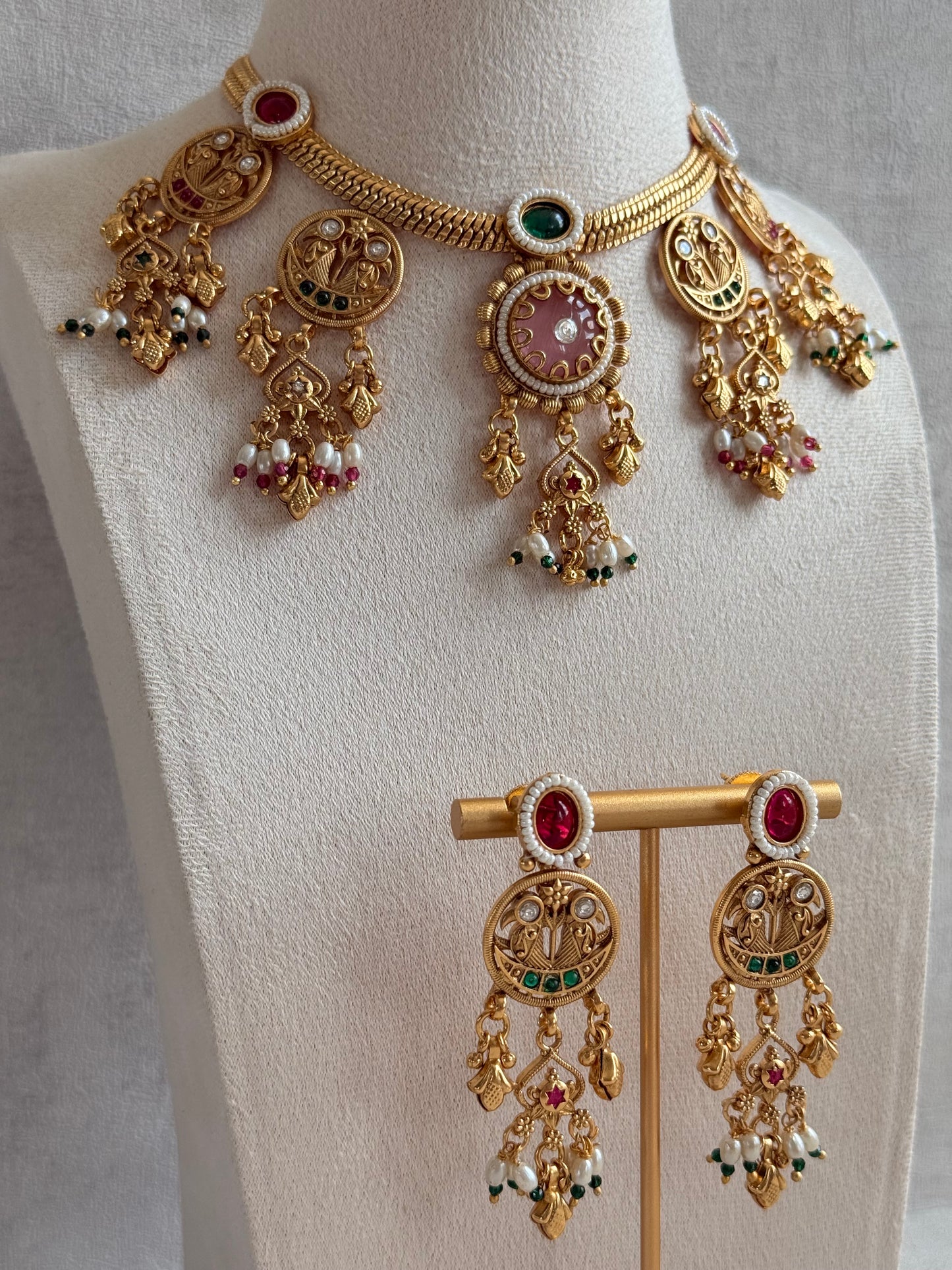 Ayura Designs Parchhai Necklace Set with Earrings – Rose Pink, Ruby Red & Emerald Green Stones, Bird Motifs & Pearl Detailing