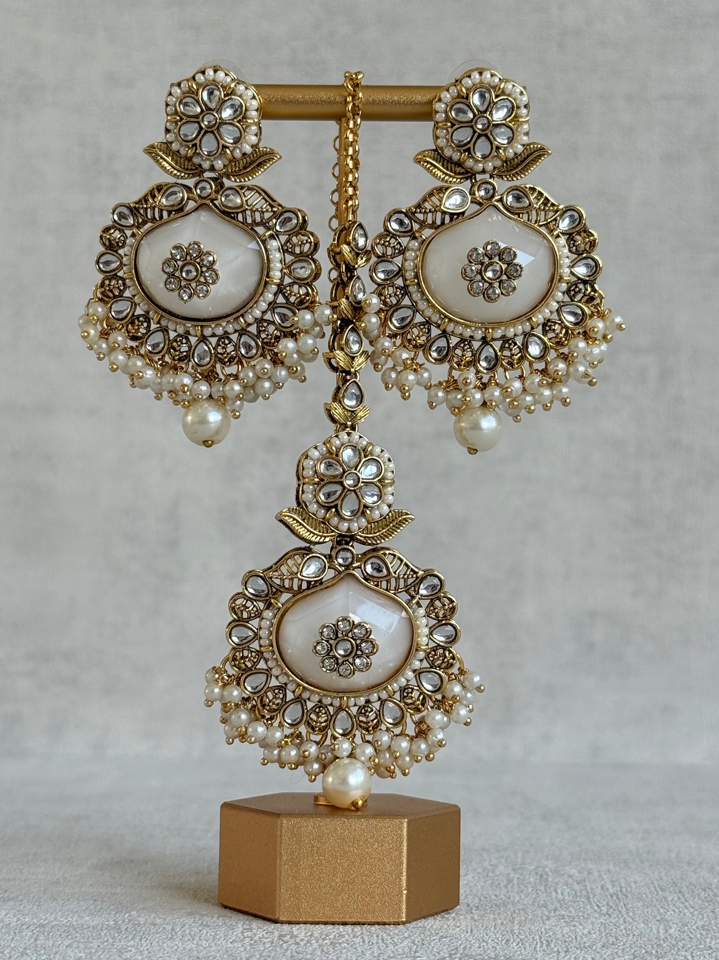 Ayura Designs Asra Tikka Set with Earrings – Ivory Stone, Kundan & Pearl Detailing