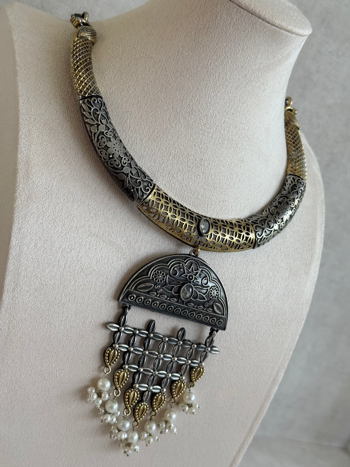 Ayura Designs Dhoop Necklace Set with Earrings – Dual Tone Oxidised Necklace with Lattice Pendant & Pearl Detailing