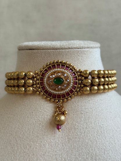 Ayura Designs Kavish Choker Set – Antique Gold Choker with Jhumkis in Rani Pink & Emerald Green with Pearl Detailing