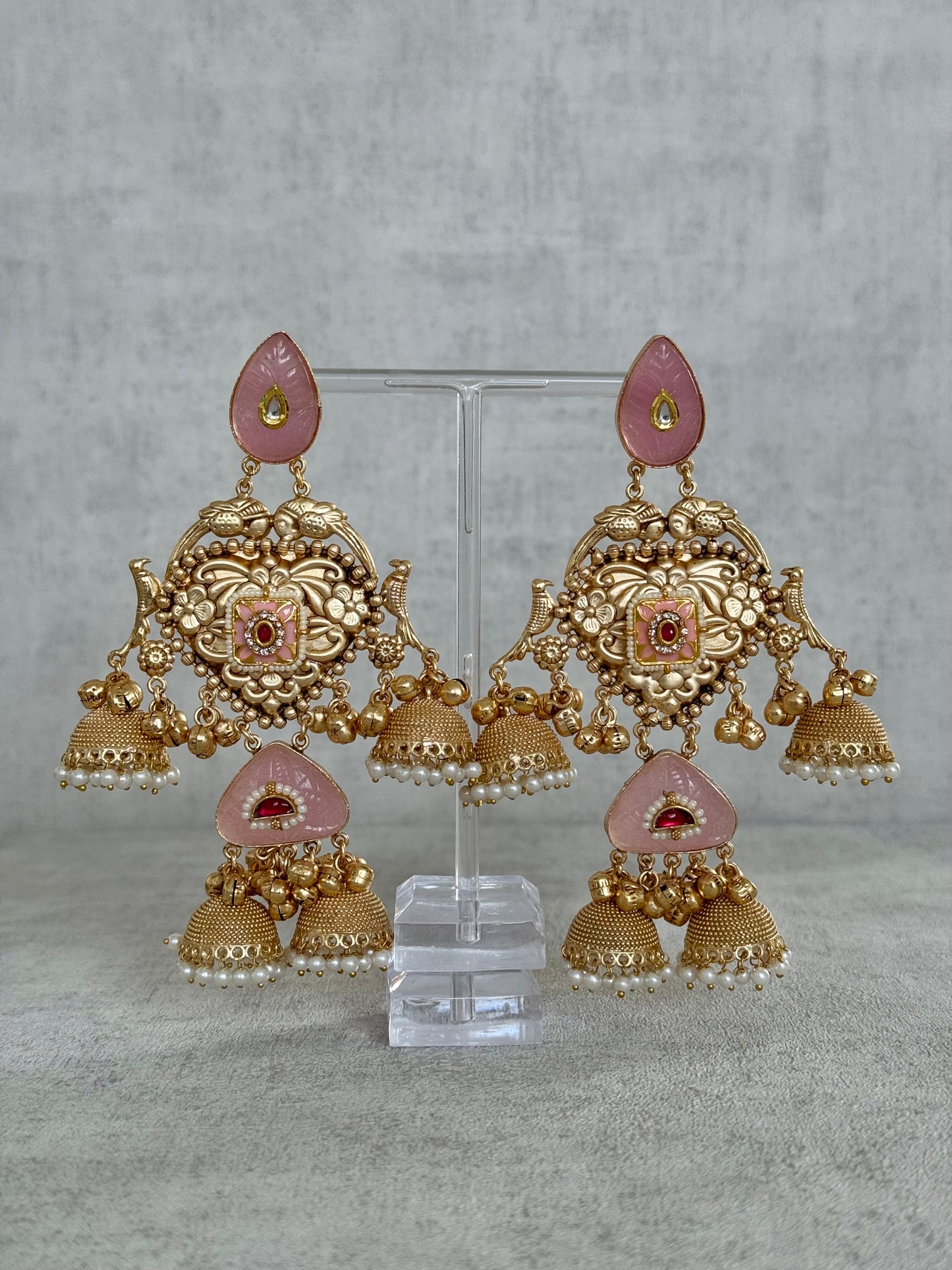 Ayura Designs Areesha Earrings – Gold-Plated Earrings with Blush Pink Enamel, Layered Jhumkas & Pearl Detailing