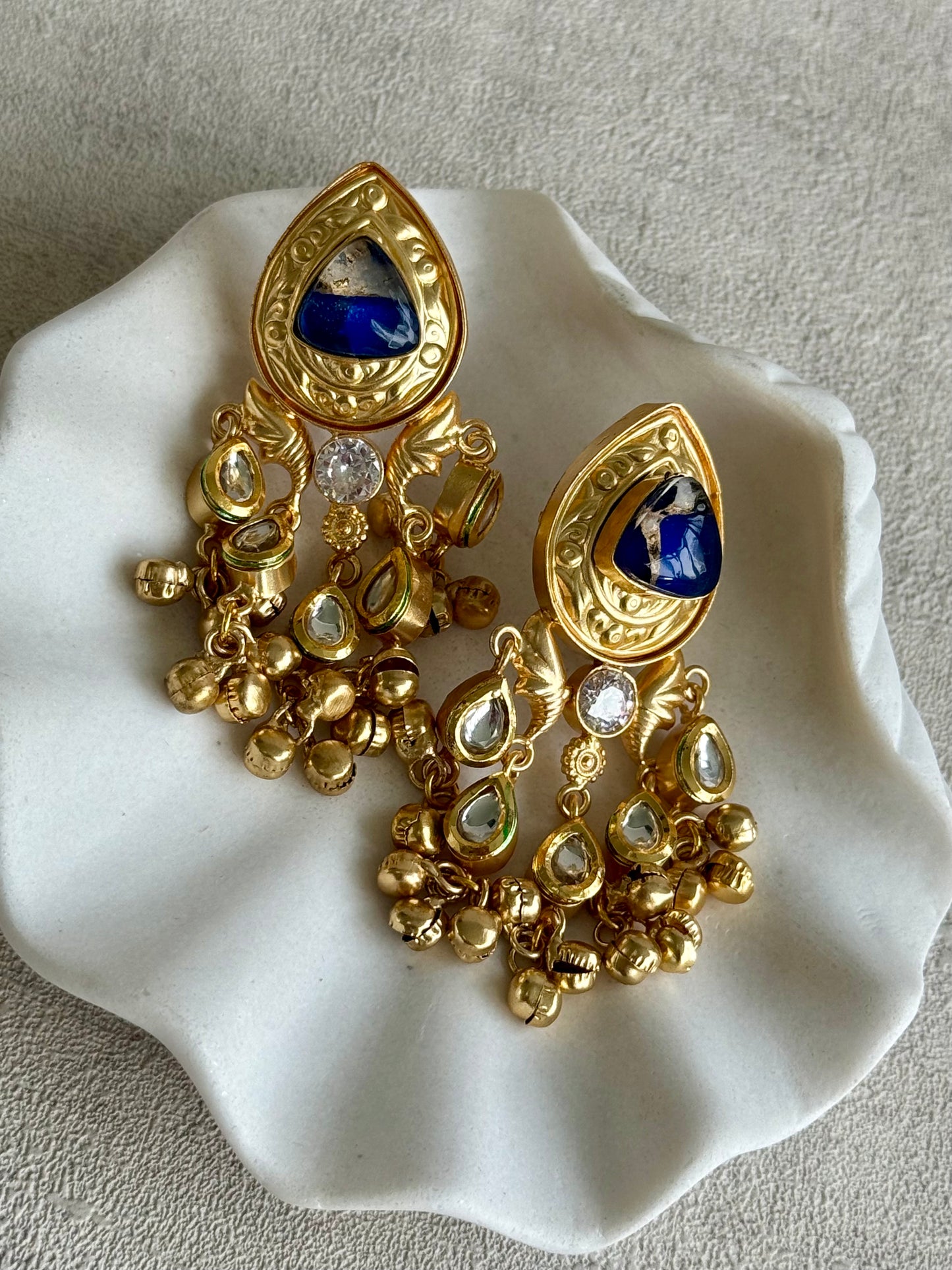 Ayura Designs Arheer Earrings – Sapphire Blue Marble with Kundan Detailing & Antique Gold Ghungroos
