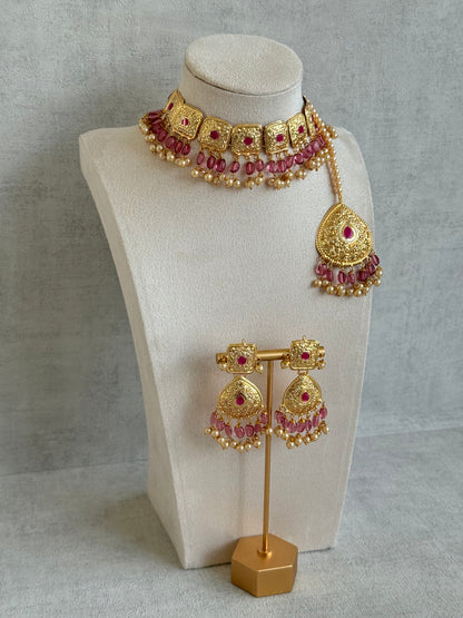 Ayura Designs Chetna Choker Set with Earrings & Tikka – Rani Pink Beads, Cream Pearl Drops with Pipal Patti Detailing