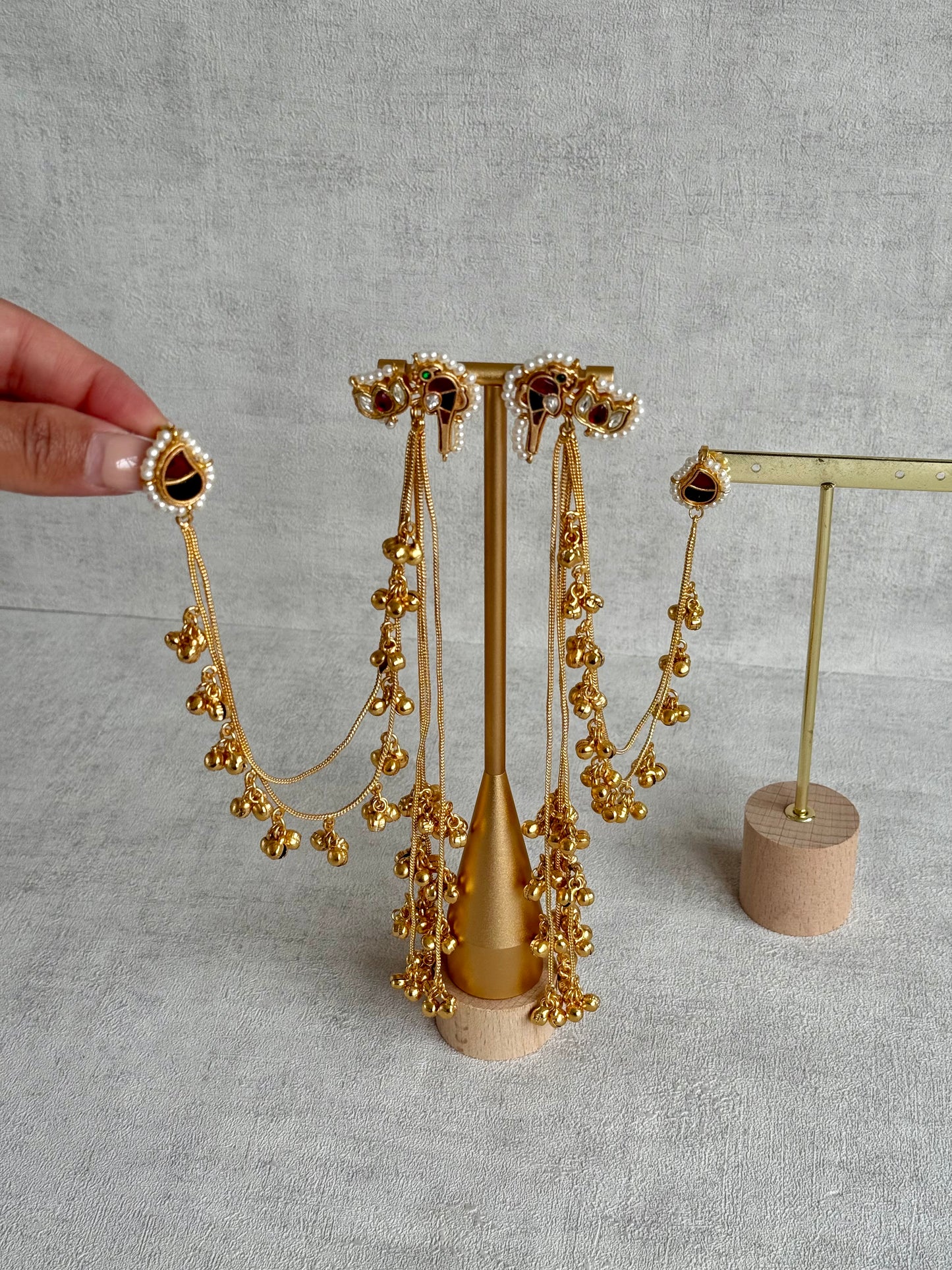 Ayura Designs Aman Earrings with Sahare – Kashmiri-Inspired Meenakari in Ruby Red & Emerald Green with Bird & Lotus Motifs