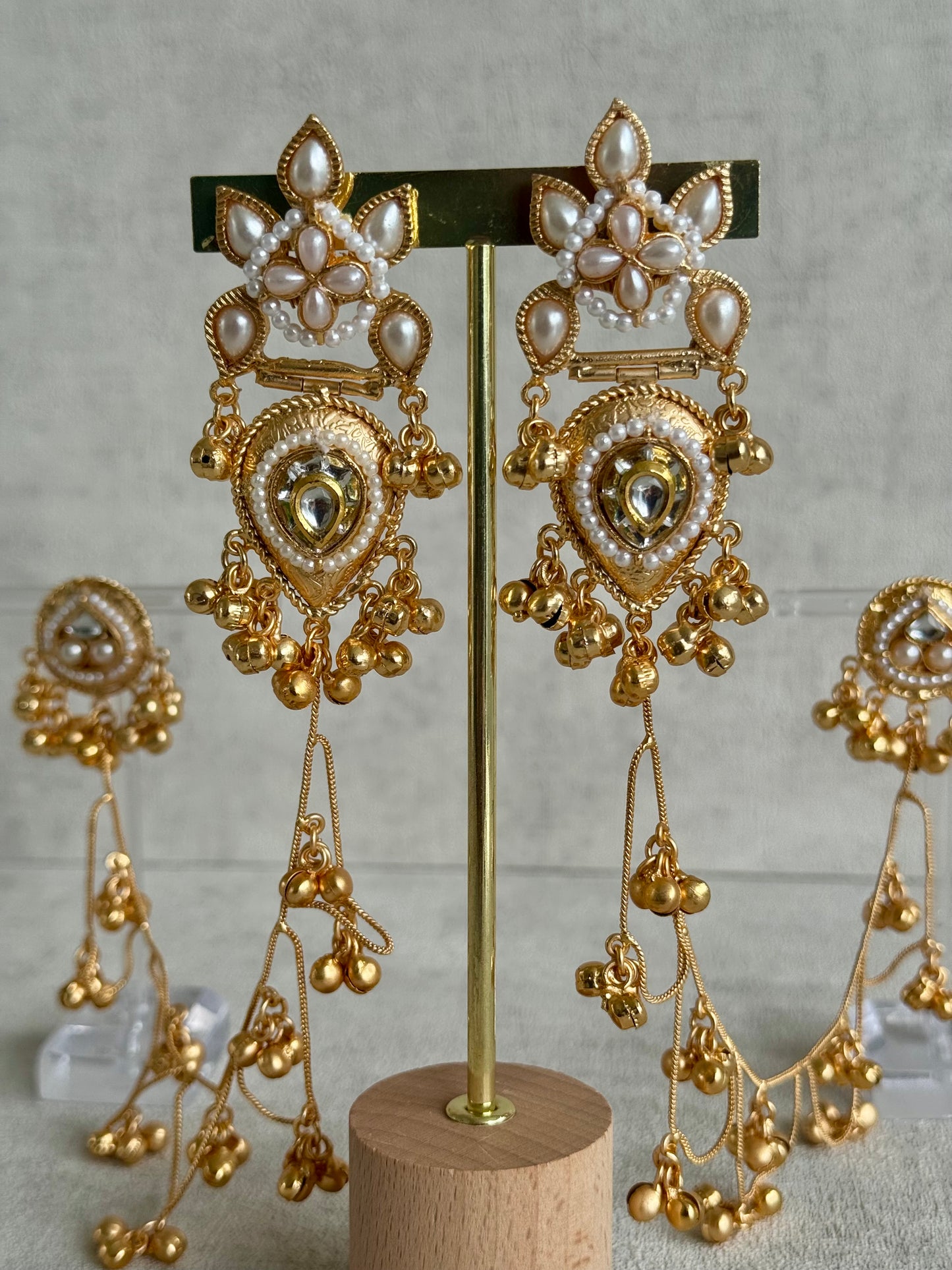 Ayura Designs Somya Earrings with Sahare – Antique Gold, Kundan, Pearls & Ghungroos
