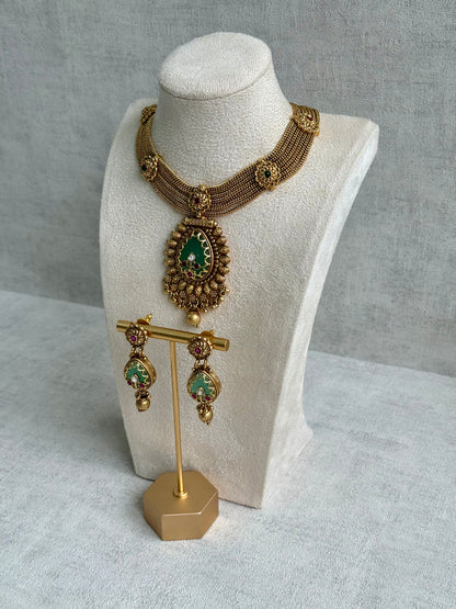 Ayura Designs Ishani Set – Necklace & Earrings with Antique Gold Finish, Pistachio Enamel, Ruby & Polki Detailing