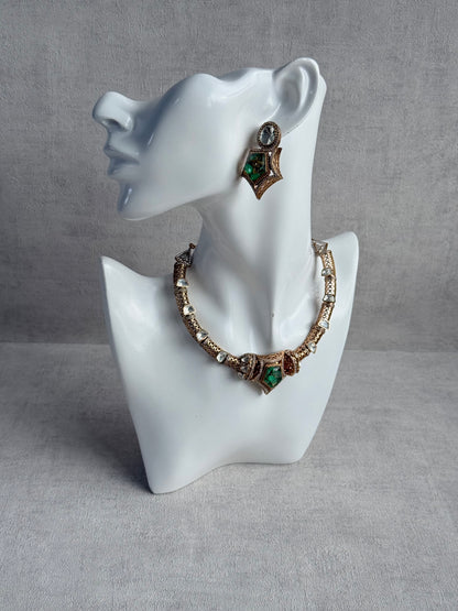 Ayura Designs Krupa Set – Necklace & Earrings with Green Stone featuring Natural Marbling, Mirror-Cut Kundan & Antique Gold Detailing