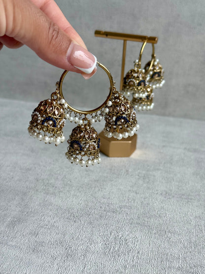 Ayura Designs Nakhra Balis – Blue Triple Dome Earrings with Pearl Clusters & Mirror-Cut Detailing
