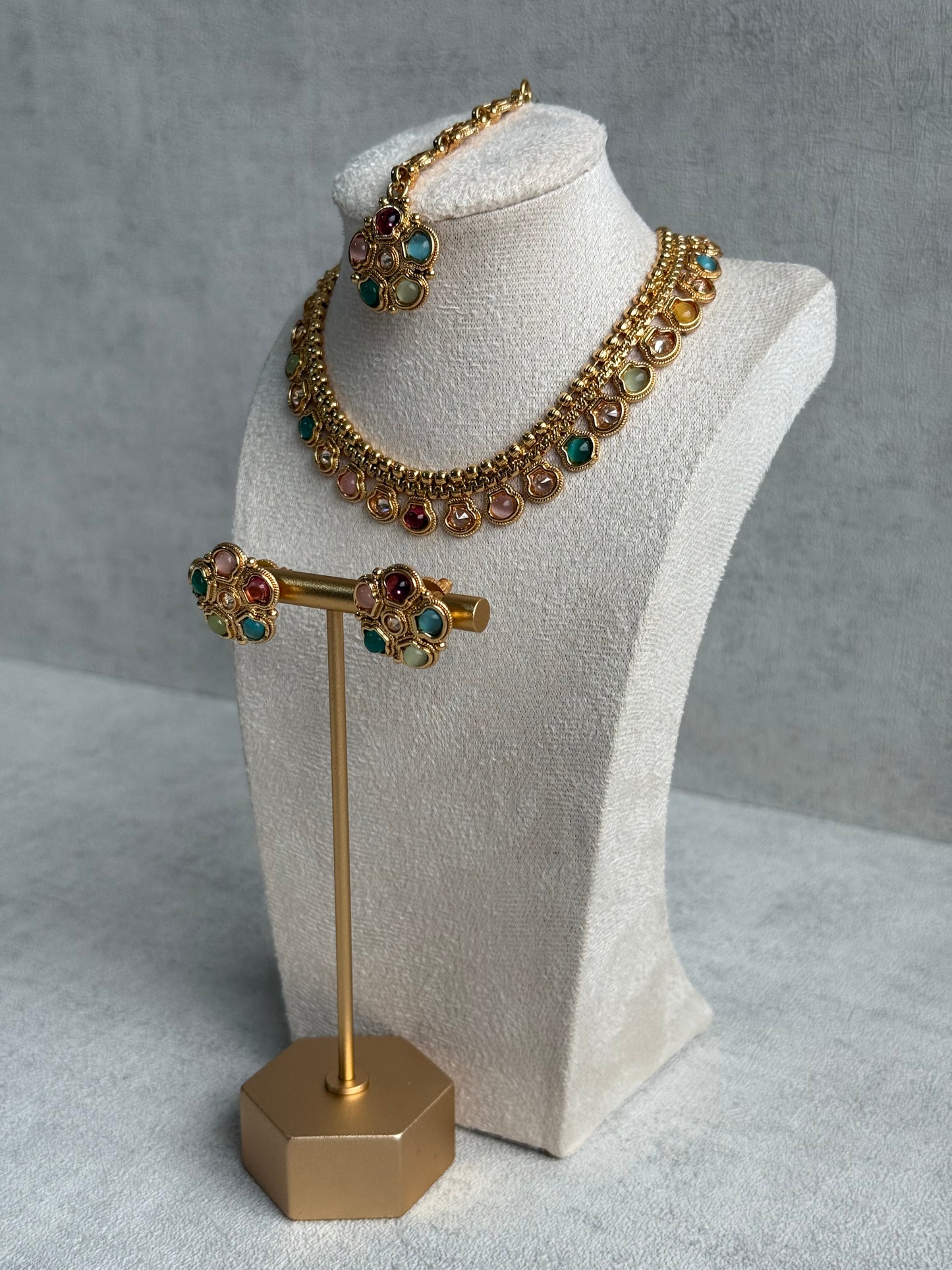 Ayura Designs Amala Set with Necklace, Studs & Tikka – Multicolour Stones & Antique Gold Finish