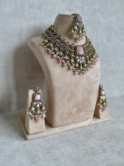 Ayura Designs Gulrukh Bridal Set with Necklace, Jhumkis & Tikka – Jadau Kundan Craftsmanship with Mirror-Cut Polki, Blush Rose Stones & Antique Gold Finish