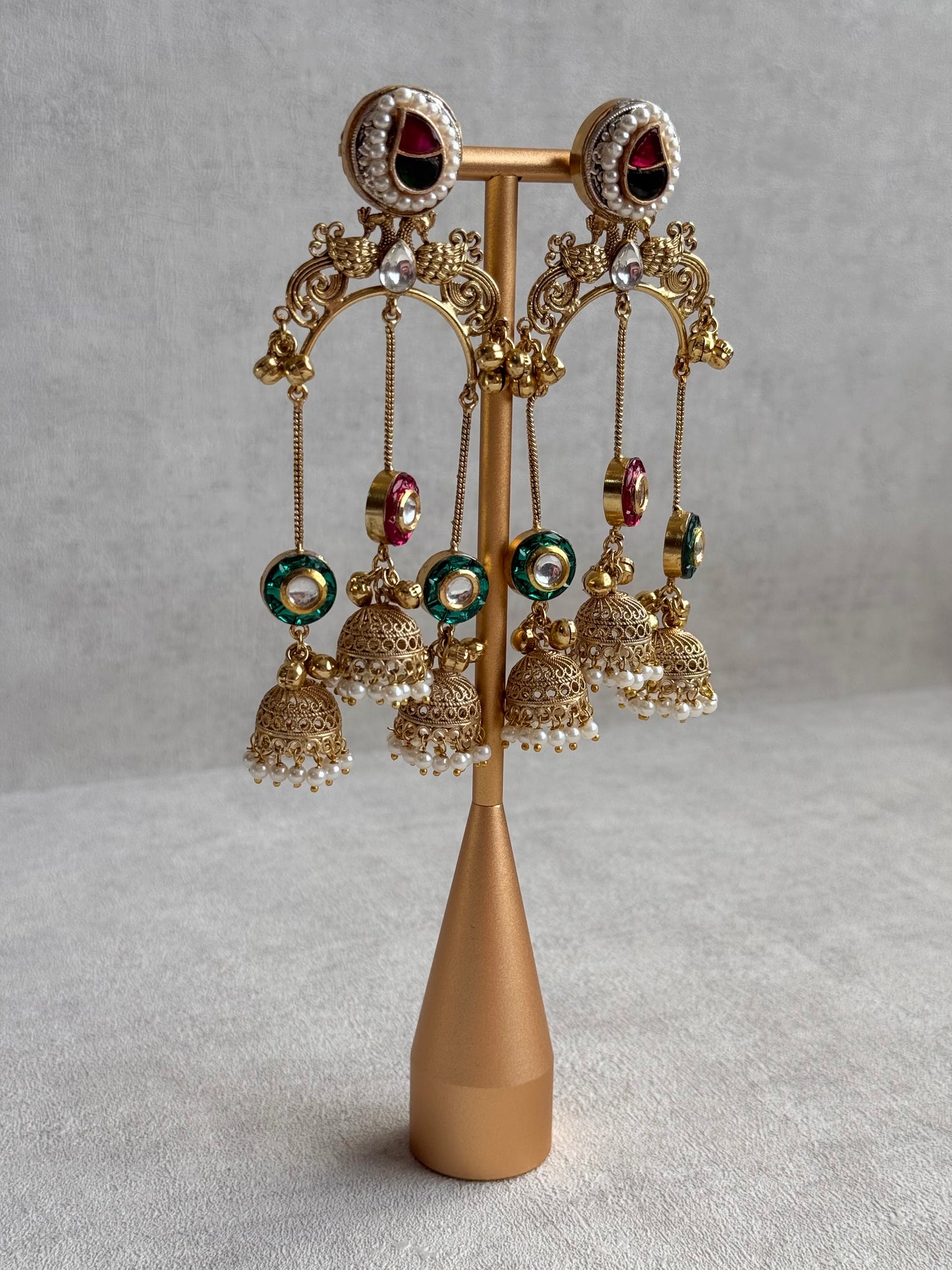 Ayura Designs Arzina Earrings – Triple Jhumki Earrings with Pink & Emerald Green Stones, Pearl Borders & Gold Detailing
