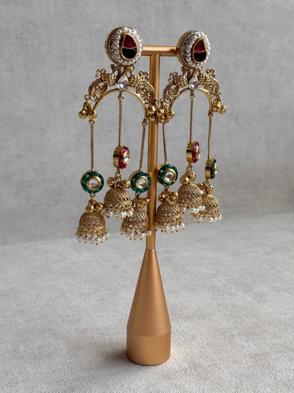 Ayura Designs Arzina Earrings – Triple Jhumki Earrings with Pink & Emerald Green Stones, Pearl Borders & Gold Detailing