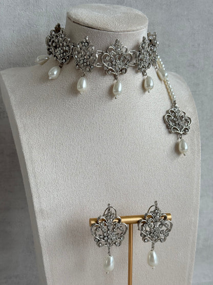 Ayura Designs Alina Choker Set with Earrings & Tikka – Silver Crystal Floral Choker with Pearl Drops