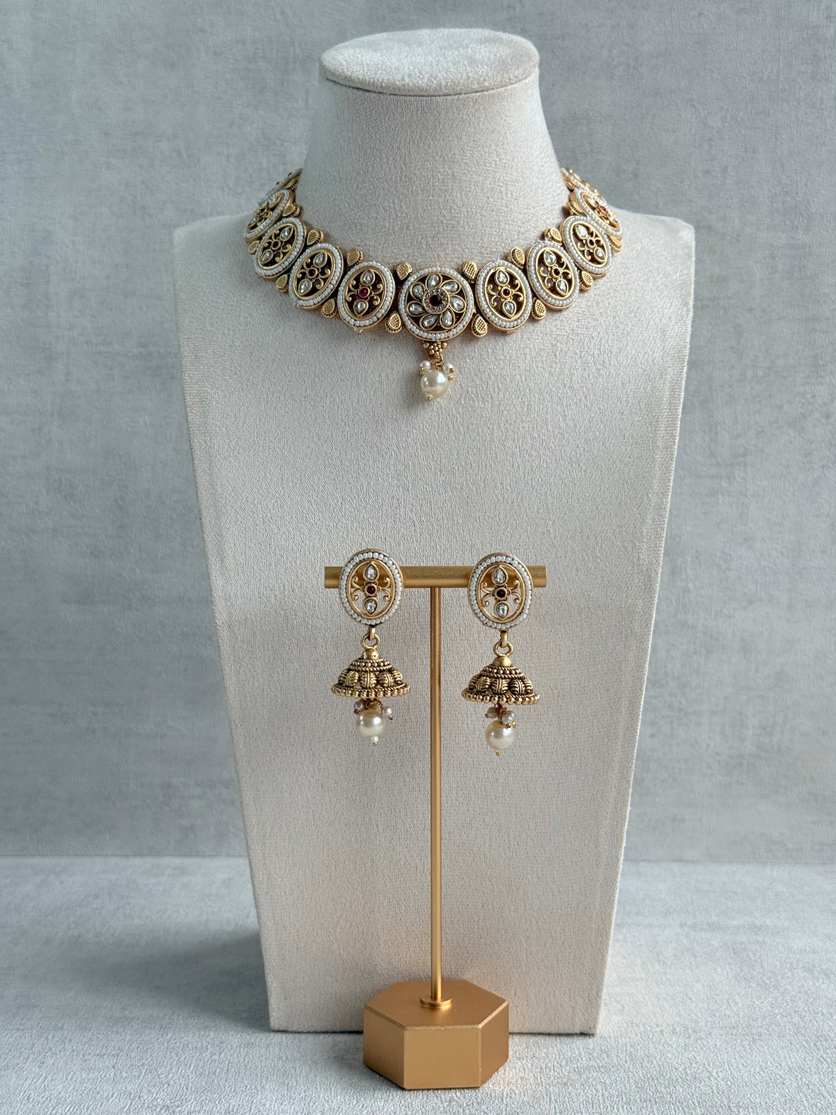 Ayura Designs Laina Necklace Set with Jhumkis – Kundan & Rani Pink Stones, Pearls & Antique Gold Finish