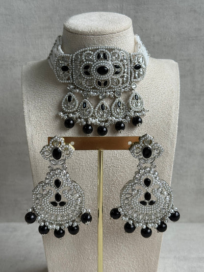Ayura Designs Zarlish Set – Choker, Earrings & Tikka with Mirror-Cut Stones, Black & White Beads & Silver Finish