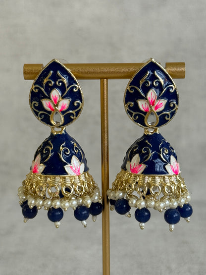 Ayura Designs Gia Jhumkis – Midnight Blue Meenakari with Pink Lotus Motifs & Ivory Pearl Drops