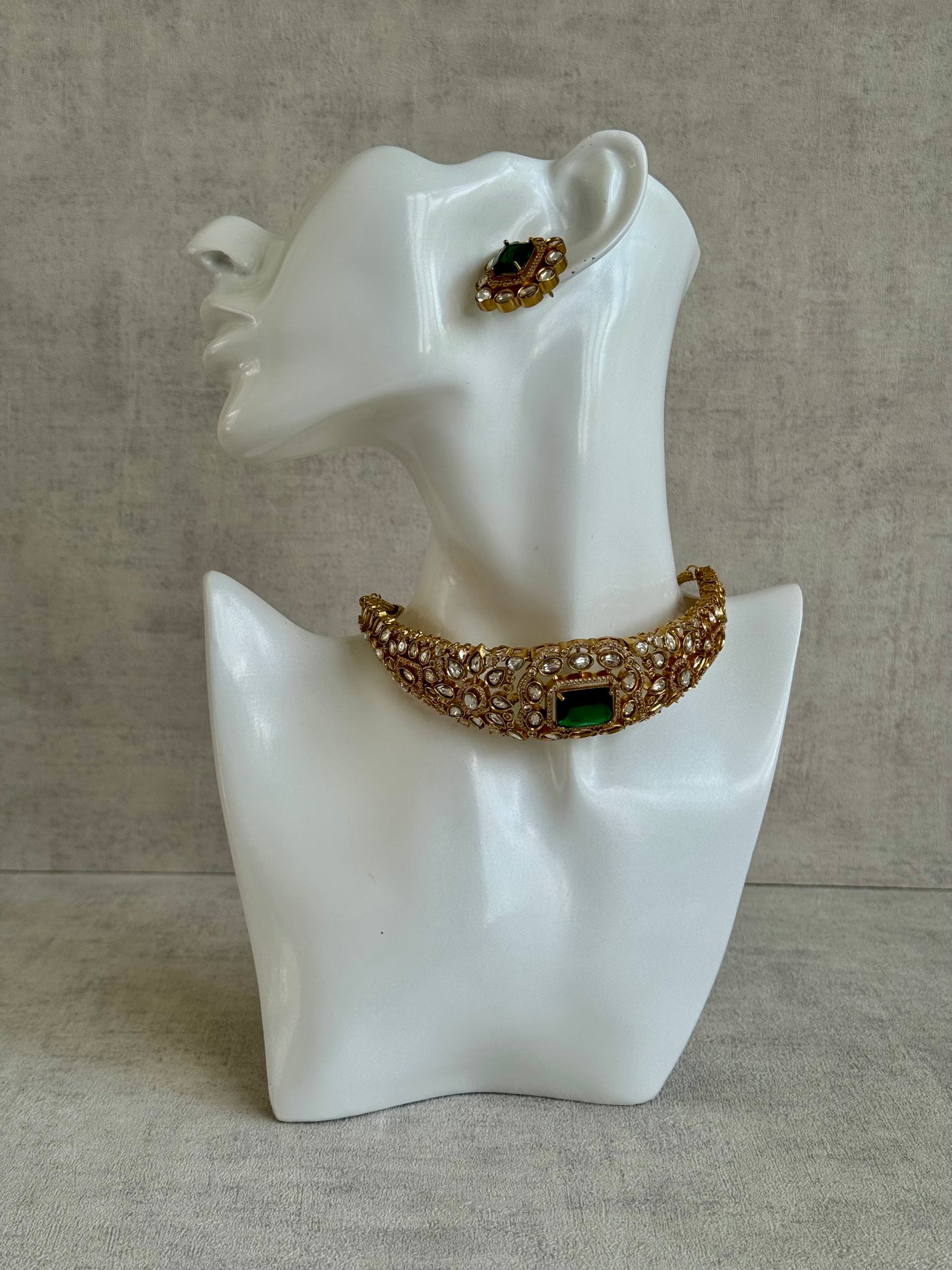 Ayura Designs Akasha Choker Set with Stud Earrings – Emerald Green Moissanite Stones & Antique Gold Finish
