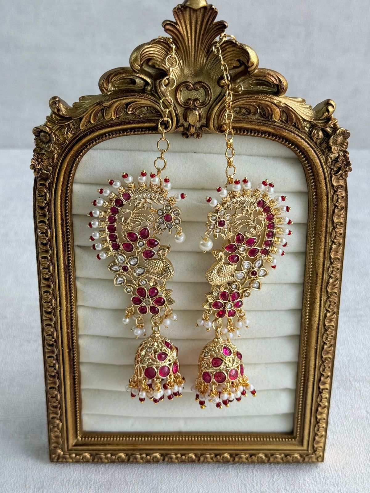 Ayura Designs Nitya Kaanphool Jhumkis – Gold Peacock Motifs, Pink Kundan & Pearl Drops with Attached Sahare