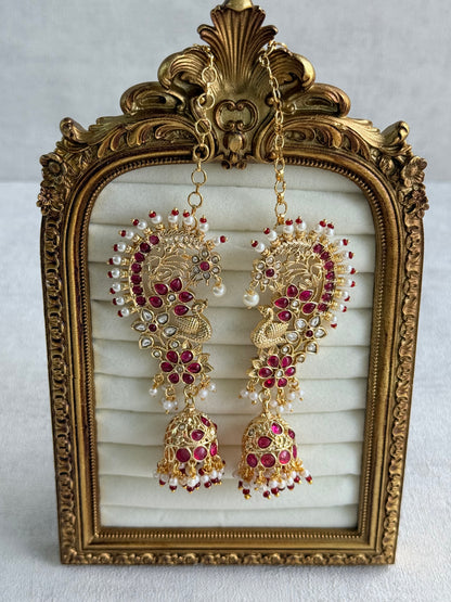 Ayura Designs Nitya Kaanphool Jhumkis – Gold Peacock Motifs, Pink Kundan & Pearl Drops with Attached Sahare