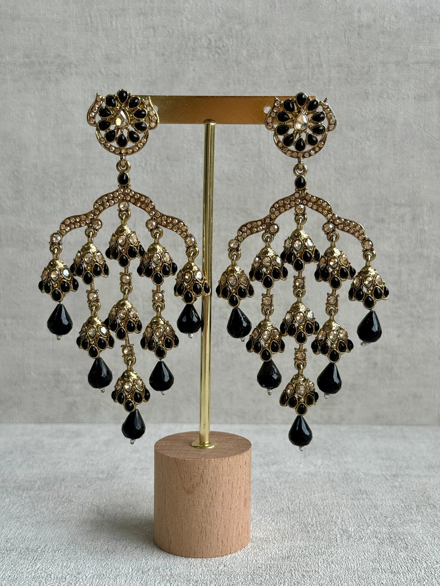 Ayura Designs Jasmine Earrings – Black Chandelier Earrings with Antique Gold Detailing & Tiered Drops