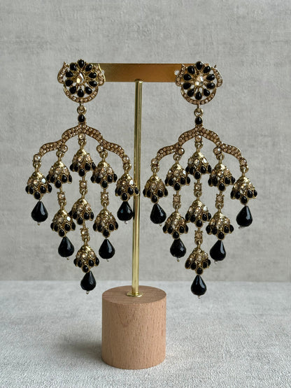 Ayura Designs Jasmine Earrings – Black Chandelier Earrings with Antique Gold Detailing & Tiered Drops
